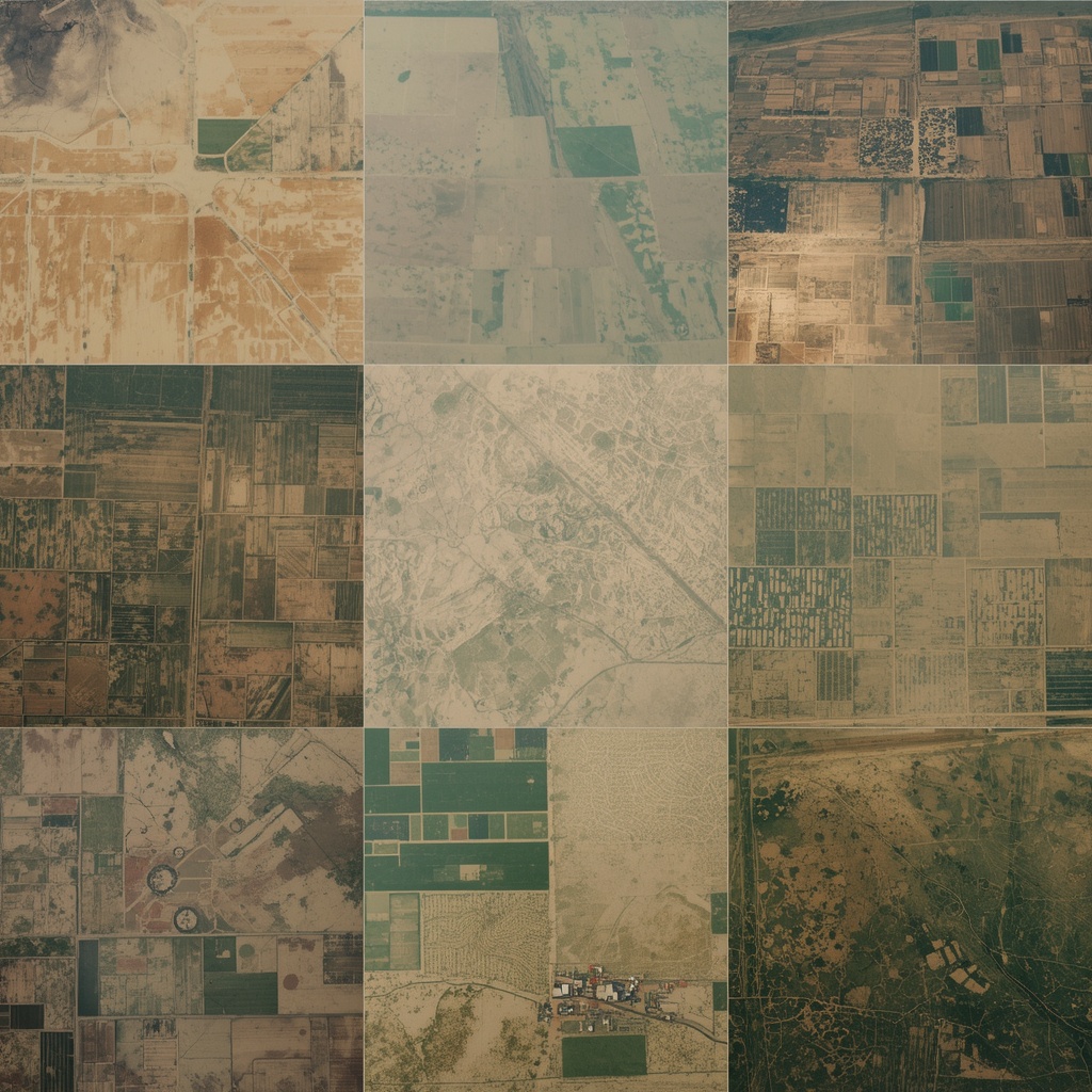 Agriculture risks background showing mixed farmland, irrigation, and drought-affected areas